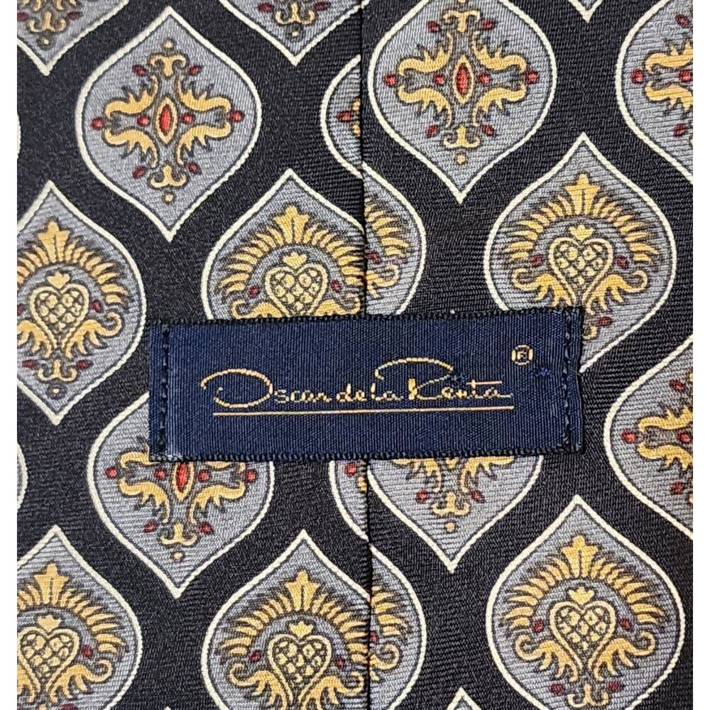 Oscar de la Renta Made in USA Mens Silk Tie 4"x56" Blue Grey Yellow Medallion - Picture 4 of 6